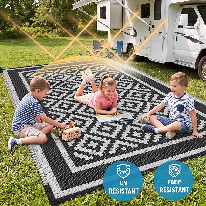 Kohree Outdoor Rug Waterproof 6x9 ft, RV Outdoor Plastic Straw Rug for Patios Clearance,Reversible Area Rug for Camping,Balcony,Deck,Black & Grey