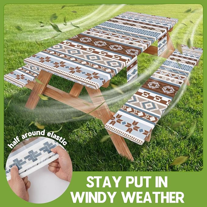Fitted Picnic Table Cover with Bench Covers Fitted Rectangle Table Cloth Tablecloth Camping Gear Essentials Rv Accessories Road Trip Supplies Car Travel Must Have 6 Ft Foot Feet 72in Boho Bohemian