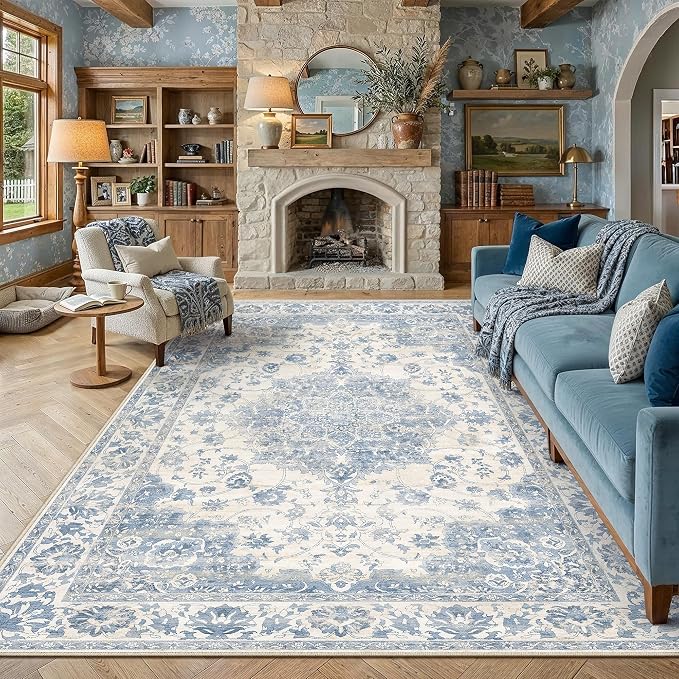 Blue Area Rug 10x14 Vintage Oriental Medallion Non-Slip Carpet | Machine Washable, Soft, Low Pile, Distressed, Large for Living Room, Bedroom, Dining Room, Office, Retro Home Decor