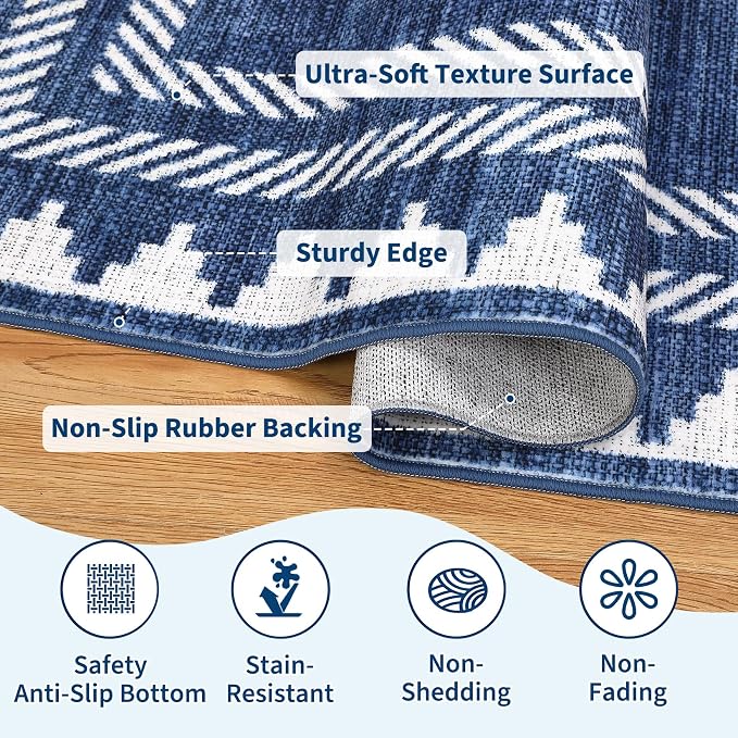 GarveeHome Modern Geometric Runner Rug 2x6 Washable Hallway Runner Bordered Neutral Bathroom Rug Non Slip, Non Shedding Stain-Resistant Kitchen Mat, Soft Low Pile Neutral Carpet for Laundry, Blue