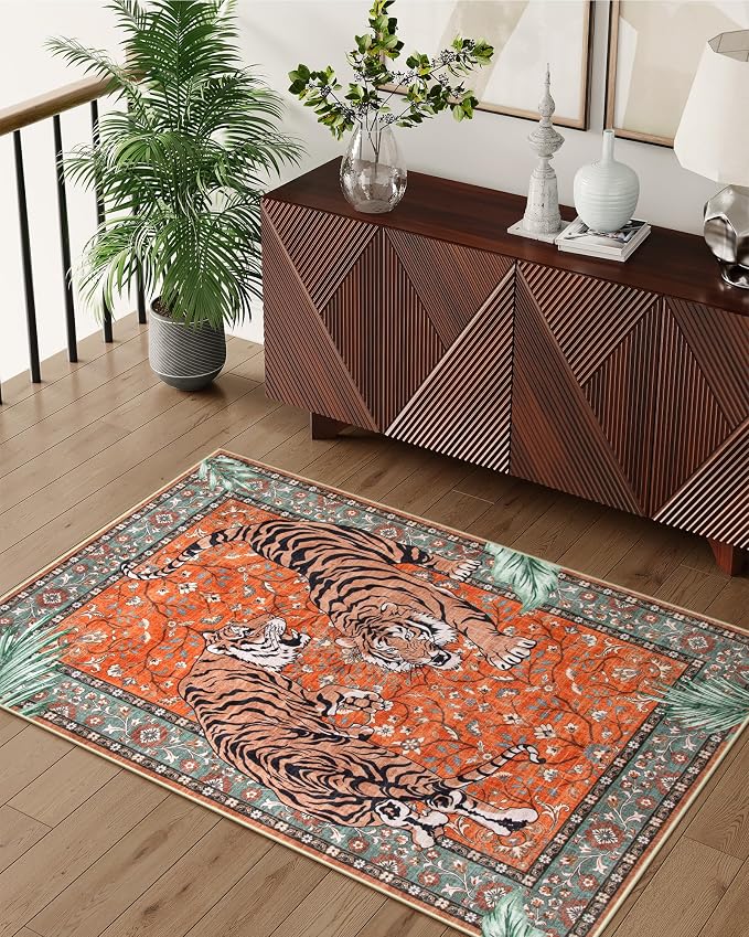 Moynesa Tiger 3x5 Washable Rug, Boho Area Rugs for Entryway, Non Slip Small Rug for Bedroom, Ultra Thin Botanical Vintage Soft Accent Carpet for Kitchen Entry Laundry Room, Rust