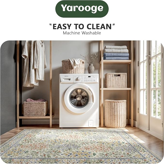 6x9 Area Rugs, Washable Floral Area Rugs for Living Room, Indoor Area Rug for Bedroom, Dining Room, Low Pile Non-Slip Non Shedding Rug(Beige Floral)