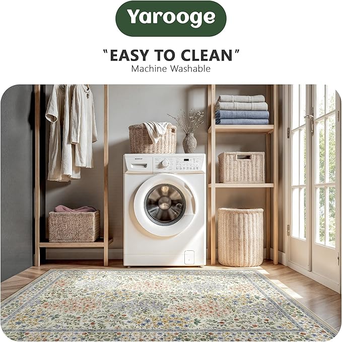 5x7 Area Rugs, Vintage Washable Rug for Bedroom, Indoor Non-Slip Rugs for Living Room, Dining Room, Low Pile Home Decor Floral Rug(Beige Floral)