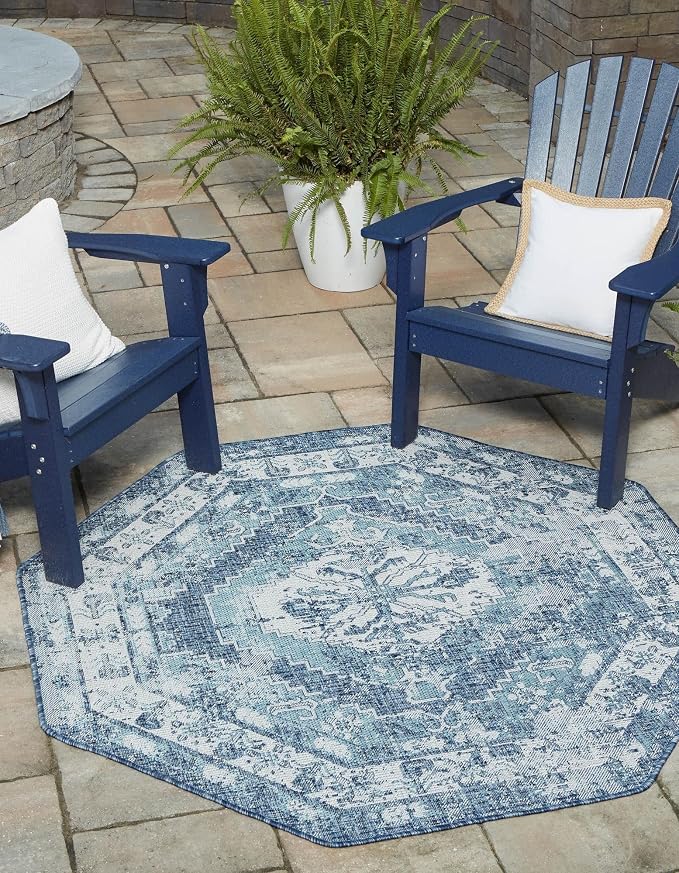 Unique Loom Outdoor Traditional Collection Area Rug - Valeria (7' 10" Octagon, Blue/ Ivory)