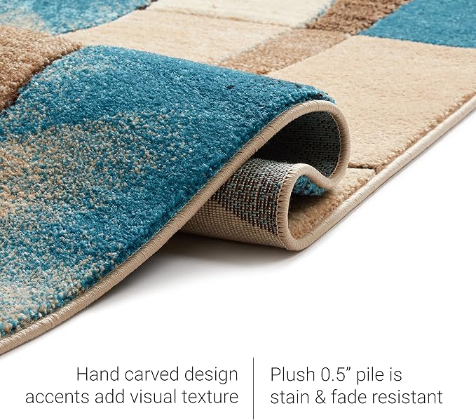 Well Woven Ruby Geometric 2x3 Mat Blue & Grey Vibrant Modern Contemporary Hand Carved Sunburst Design Perfect for Entryways & Small Spaces Plush Easy-Care Easy-to-Clean
