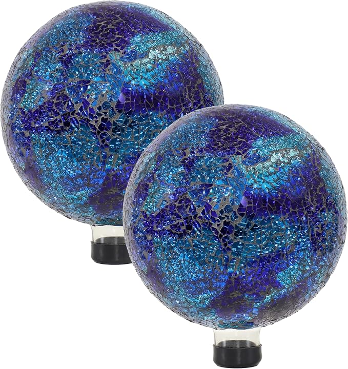 Sunnydaze 10" Mosaic Glass Gazing Ball for Garden, Globe for Outdoor Decor | Deep Ocean Swirl, 2pk, Decorative Sphere Fits Most Stands, Garden Ball for Outside, Flower Bed, Backyard, or Indoor Display