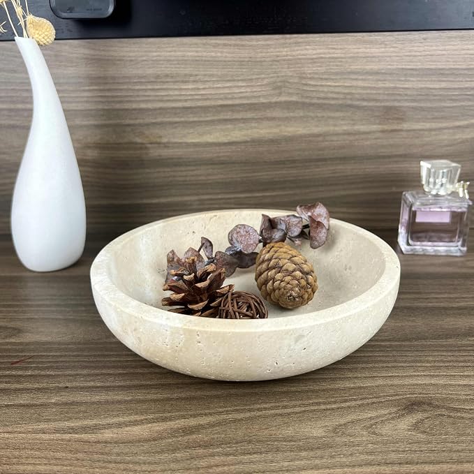 Travertine Decorative Bowls for Home Decor, Marble Fruit Bowl for Kitchen Counter, Keys Bowl for Entryway Table, Large Candy Serving Bowl for Table Centerpiece Office Modern Home Decor (Beige)