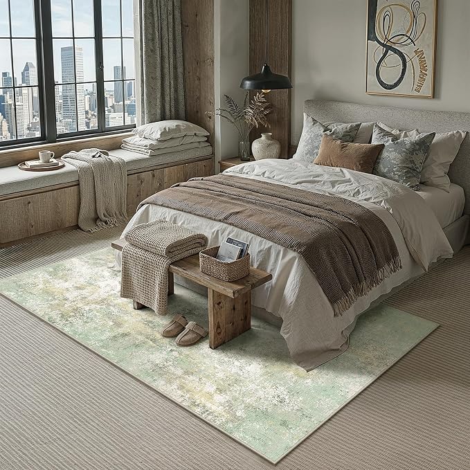 5x7 Green Modern Abstract Washable Area Rug for Living Room | Low Pile, Non Slip, Modern Abstract Style, Soft Indoor Rug for Living Room, Bedroom, Dining Room, Office, Home Decor