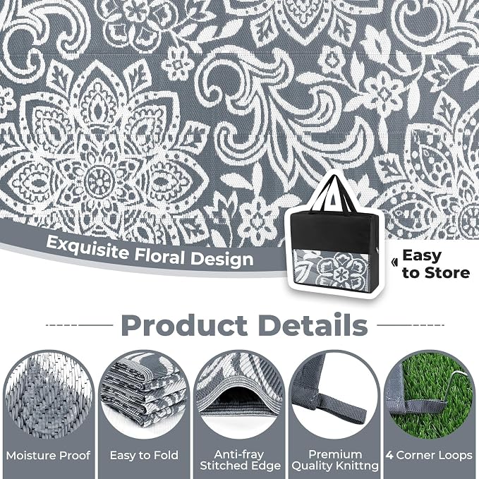 Findosom Waterproof Outdoor Rug 9' x 18' - Reversible Mandala Outdoor Plastic Straw Rug, Durable Foldable Patio Rug for RV, Deck, Balcony, Backyard, Picnic, Porch, Camping, Beach, Gray