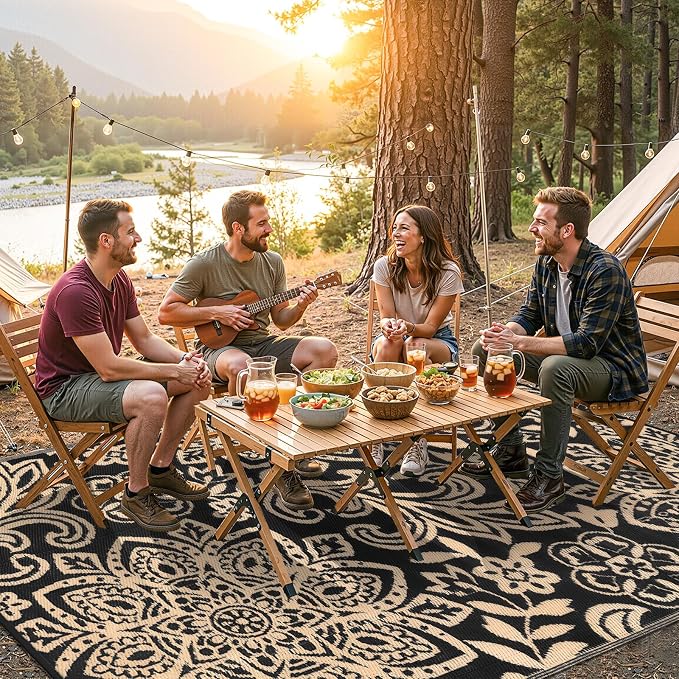 Findosom Waterproof Outdoor Rug 6' x 9' - Reversible Mandala Outdoor Plastic Straw Rug, Durable Foldable Patio Rug for RV, Deck, Balcony, Backyard, Picnic, Porch, Camping, Beach, Black