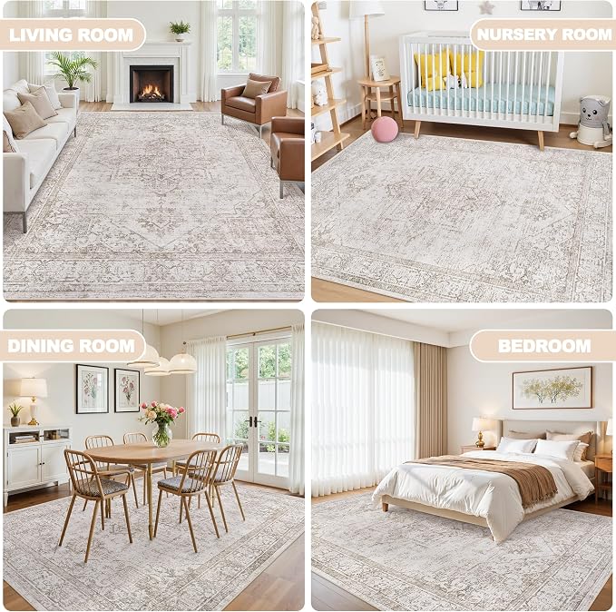 Area Rug 6x9 Living Room Rug Washable Beige Brown Non-Slip Rugs | Vintage Medallion Rug，Soft Low Pile Large Rugs，Indoor Retro Carpet for Bedroom Nursery Dining Table Farmhouse Home Office