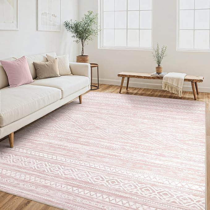 Tortania Area Rug Living Room Rugs- 6x9 Washable Large Soft Neutral Boho Moroccan Bohemian Farmhouse Rug Indoor Floor Carpet for Bedroom Under Dining Table Home Office Decor - Pink