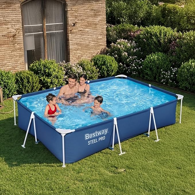 Bestway Steel Pro 9.8' x 6.6' x 26" Above Ground Pool, Rectangular Metal Frame Outdoor Swimming Pool Set with Filter Pump & Type I Cartridge, Blue