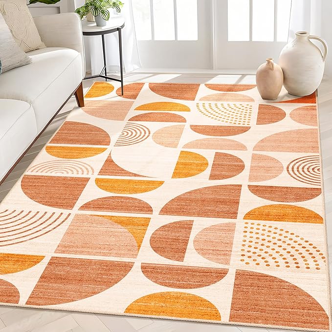 Boho Rug Washable,4x6.5 Area Rugs for Bedroom Living Room Bedside Office,Throw Floor Carpet Non Slip Soft Indoor Modern Abstract Bohemian Orange
