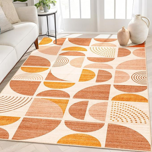 Boho Rug Washable,4x6.5 Area Rugs for Bedroom Living Room Bedside Office,Throw Floor Carpet Non Slip Soft Indoor Modern Abstract Bohemian Orange