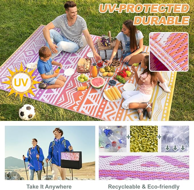 Lahome Outdoor Rug 8x10 Patio Waterproof, Reversible Outdoor Plastic Straw Rug for Camping, RV Patio Rugs Outside Large Carpet for Porch Deck Backyard Picnic(Orange/Purple,8'x 10')