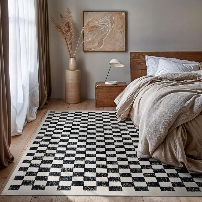 Rugshop Contemporary Checkered Grid Contrast Area Rug Soft Black 5' x 7' | Rectangular, Size 5' x 7', Living Room, Bedroom, Dining Room, Home Office, Kitchen, Entryway, Hallway, Nursery, Kids Room