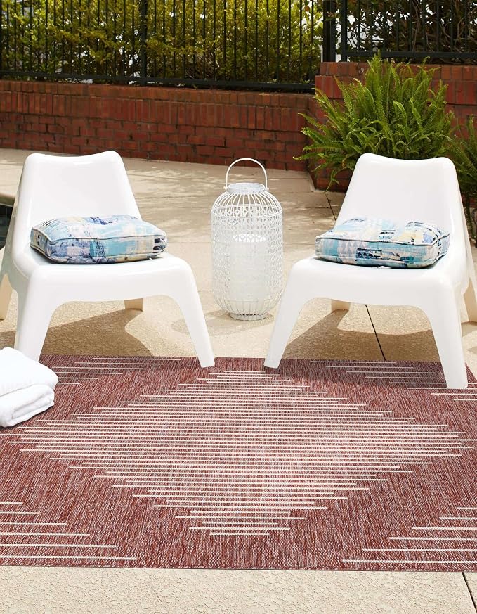 Unique Loom Outdoor Modern Collection Area Rug - Tambor (13' Square, Rust Red/ Ivory)