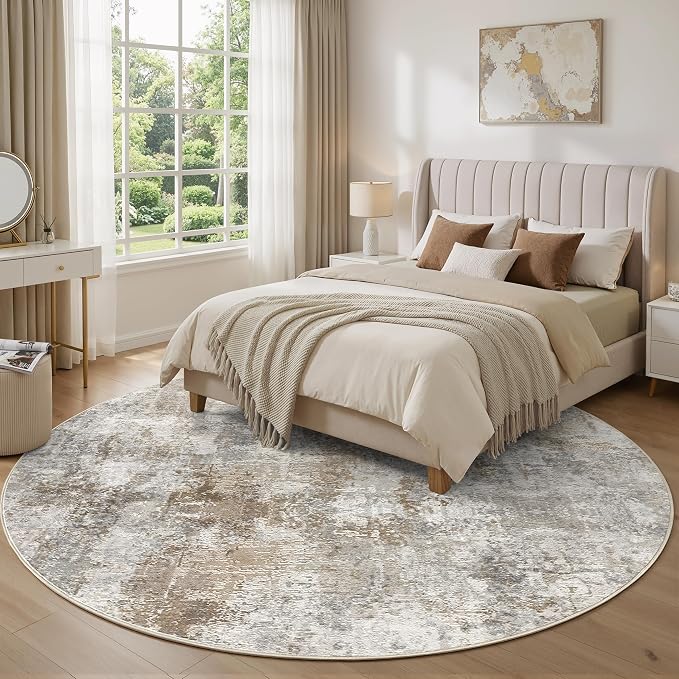 8Ft Round Area Rug Washable Abstract Rugs for Living Room Light Brown/Grey | for Bedroom, Dining Room, Office, Nursery, Soft Neutral, Low Pile Non-Slip, Kid Pet Friendly, Large Indoor Carpet, Home Decor
