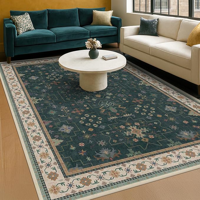 Vintage Dark Green 6x9 Dining Room Rugs for Under Kitchen Table - Washable Livinig Room Rug - Unique Floral Pastel Low Pile Non-Slip Large Area Rugs for Bedroom