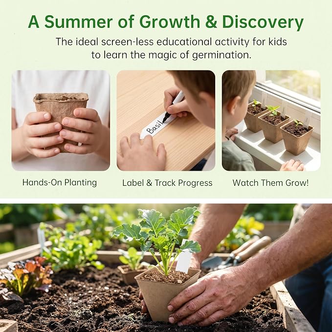 50-Set Seed Starter Kit (150 PCS Total), 3" Square Biodegradable Peat Pots with 50 Humidity Domes & 50 Labels, Nursery Pots for Fall Garden & Indoor Herb Seedlings Germination