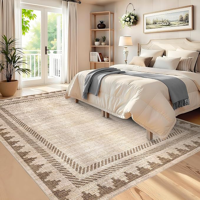 Washable Rugs 5x7 Unique Bordered Geometric Rug for Living Room, Modern Neutral Carpet with Non Slip TPR Backing,Stain-Resistant Non Shedding Floor Covering, Low Pile Foldable Mat for Nursery,Tan