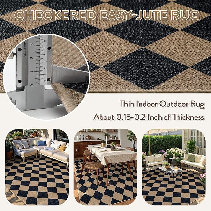 Lahome Colette Checkered Easy Jute Patio Rug, 6x9 Washable Indoor Outdoor Rug, Farmhouse Neutral Non Slip Non Shedding Low Pile Floor Carpet for Deck Living Dining Room Office Mudroom