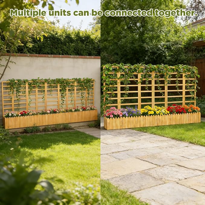 3 Panels Privacy Screen with Planter Box Outdoor,Vertical Raised Garden Bed for Climbing Plants Garden Fence with Trellis & Drain Holes for Vegetables, Flowers on Patio, Balcony & Backyard (Wood2)