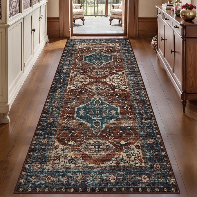 Tangsoo Oriental 3x6 Washable Runner Rugs for Hallway, Non Slip Runner Rug | Vintage Print Carpet Runner, Boho Soft Low Pile Accent Runner Rug for Entryway Living Room Dining Bedroom Bedroom Rust/Blue