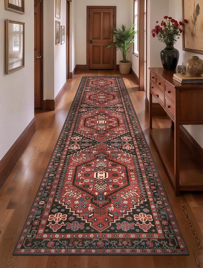 Ciicool 2x10ft Long Hallway Runner Rug,Thin Washable Carpet for Bedroom | Ultra Soft Vintage Oriental Red/black Entry Boho Area Rugs for Entrance Bedside Living Room Kitchen Laundry Room Bathroom