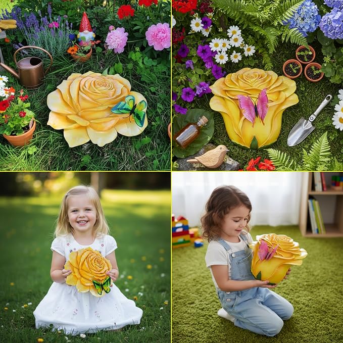 Garden Stepping Stones Outdoor Walkway – Resin Rose Flower Pavers for Path, Lawn & Backyard – Round Decorative Yard Art Decor, Friendship giveaways – Set of 2, Yellow