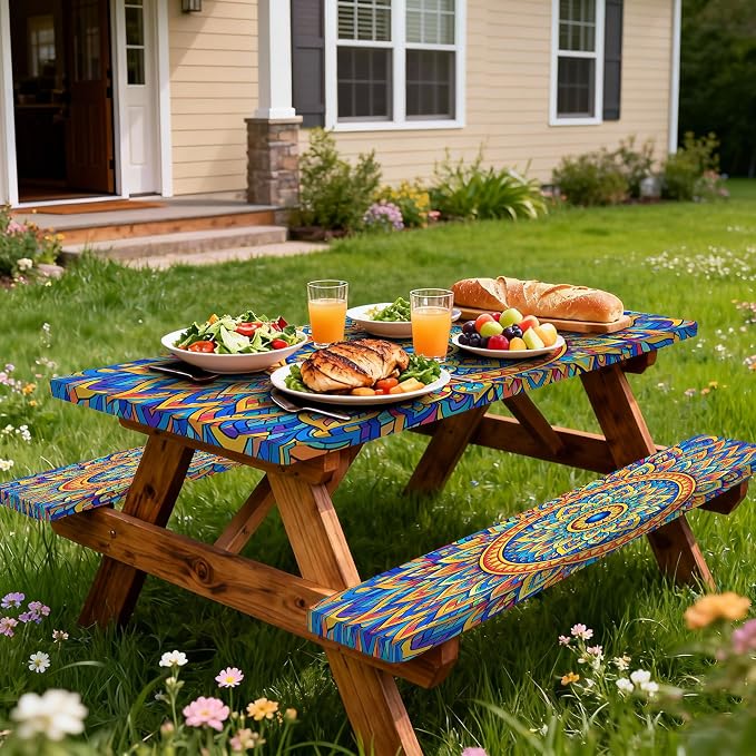 Fitted Picnic Table Cover with Bench Covers,Bohemian Waterproof Elastic Edges Rectangle Patio Tablecloth Outdoor Camping Essentials Stuff Rv Accessories Summer Travel Trip Camper Gifts