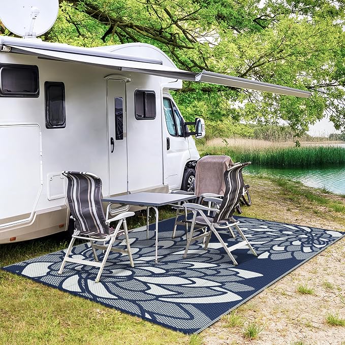 GENIMO Outdoor Rug 6' x 9' Waterproof for Patio Clearance, Reversible Plastic Straw Camping Mat, Lightweight Carpet for Rv, Camper, Deck, Porch, Picnic, Balcony, Beach,Mist Blue & White