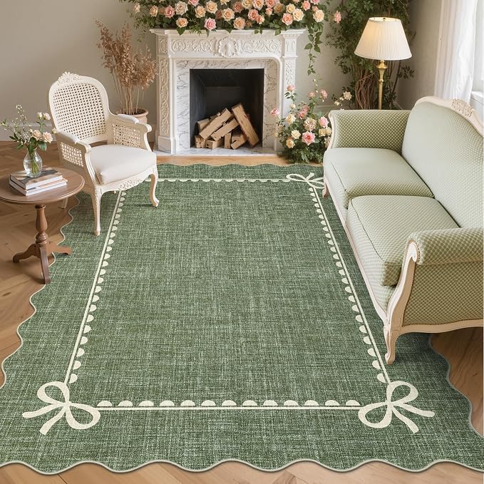 GarveeHome Scalloped Bow Rug 8x10 Washable Green Rug for Living Room | Non Slip Soft Low Pile Indoor Large Carpet for Nursery Girls Bedroom Decor Hallway Kids Room College Dorm Playroom