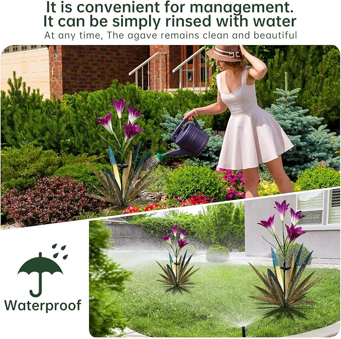Homight Solar Metal Agave Lily Flower Garden Sculpture with LED Lights 30.3 Inch Waterproof Outdoor/Indoor Yard Decor Handmade Lawn Ornament Gift for Family Friends (2, Blue)