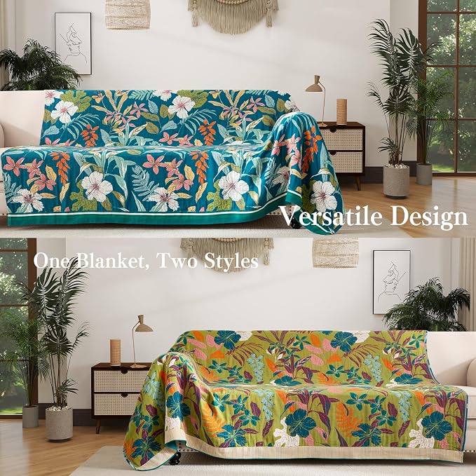 Phuryllic Boho Throw Blanket Full Size, Extra Large Soft Cozy Cotton Muslin Quilt Blanket for Bed Decor, Floral Patterned Couch Sofa Chair Cover, Vintage Farmhouse Cottage Woven Blanket, Teal&Green