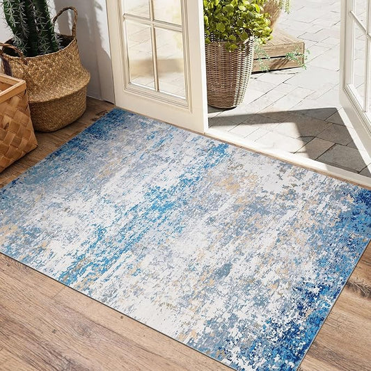 ROYHOME Modern Abstract 2x3 Area Rug, Blue/Grey | Non Slip Non Shedding Low Pile Stain Resistant Rug for Entryway Kitchen Bedroom