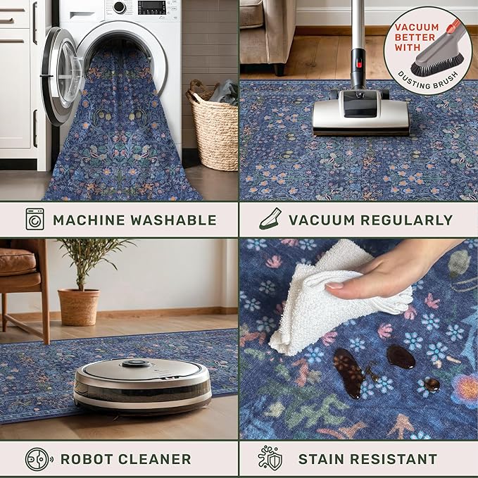 Dark Navy Blue Living Room Rug 5x7 Area Rug - Vintage Floral Forest Washable Mat for Dining Room, Bedroom, Low Pile Non Slip Stain Resistance Distressed Retro Indoor Boho Carpet