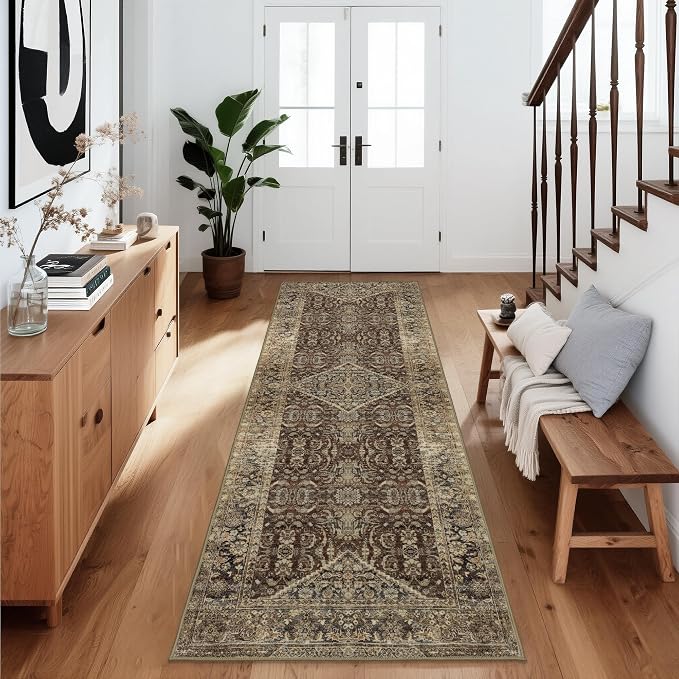 Vintage Brown Runner Rugs for Hallway: Washable Runner Rug 2x6 for Entryway Kitchen Bathroom Bedroom Indoor - Home Decor Mat Carpet - Oriental Dark Brown