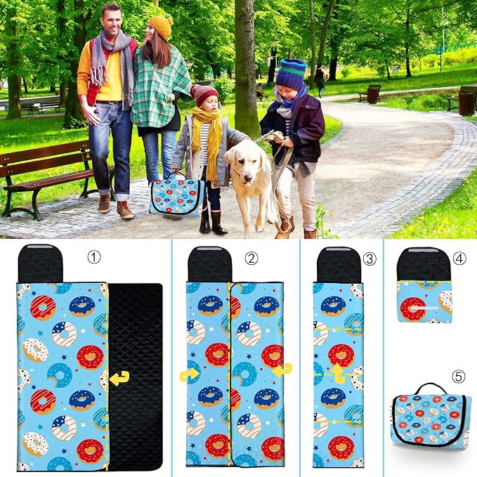 Poedist Extra Large Picnic Blanket Waterproof,80"x 80"Foldable Machine Washable Beach Blanket,Outdoor Blanket for 6-8 Adults, for Indoor Crawling,Park Beach,Camping,Hiking,Family Travel(Doughnut)