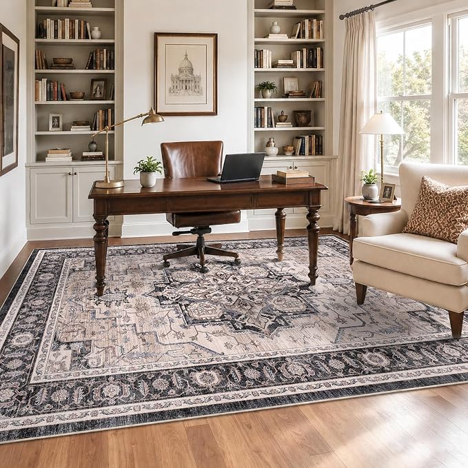 5x7 Area Rug for Living Room Soft Washable Vintage Boho Area Rug | Non-Slip Retro Print Low Pile Stain Resistant Soft Washable Distressed Indoor Rug for Bedroom Dining Room Nursery Office