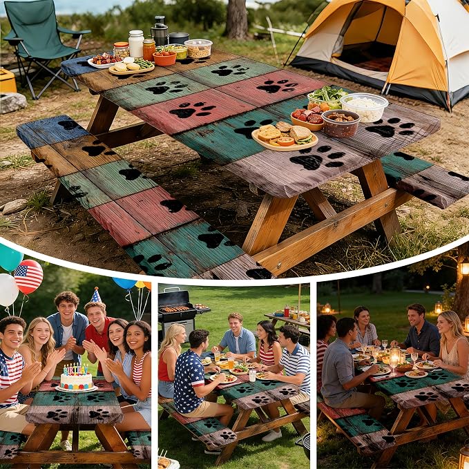NYZE 3 Pieces Picnic Table Cover with Bench Covers Set, Camping Tablecloth, Tablecloth Cover with Drawstring Bag, Camping Essentials for Outdoor Picnics, Patio, BBQ (Paw Print Wood)