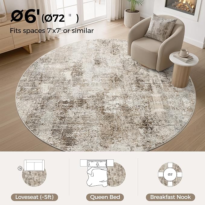 6Ft Round Area Rug Washable Abstract Rugs for Living Room Dark Brown | for Bedroom, Dining Room, Office, Nursery, Soft Neutral, Low Pile Non-Slip, Kid Pet Friendly, Large Indoor Carpet, Home Decor