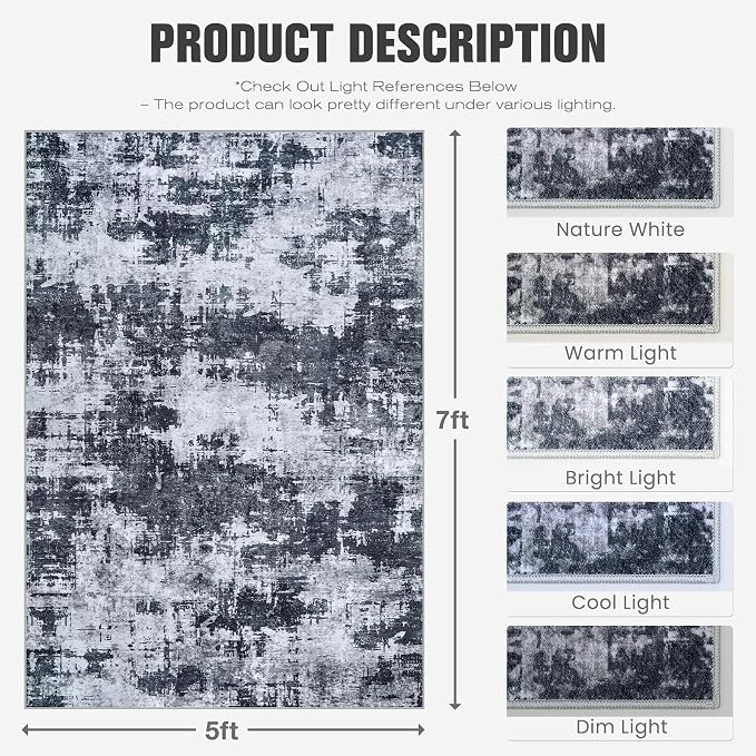 5x7 Area Rugs for Living Room: Washable Soft Black Abstract Bedroom Carpet | Non-Slip TPE & Stain Resistant,0.25" Low-Pile,Kids Pet Friendly Modern Decor for Dining Room Farmhouse Office, Non-Shedding