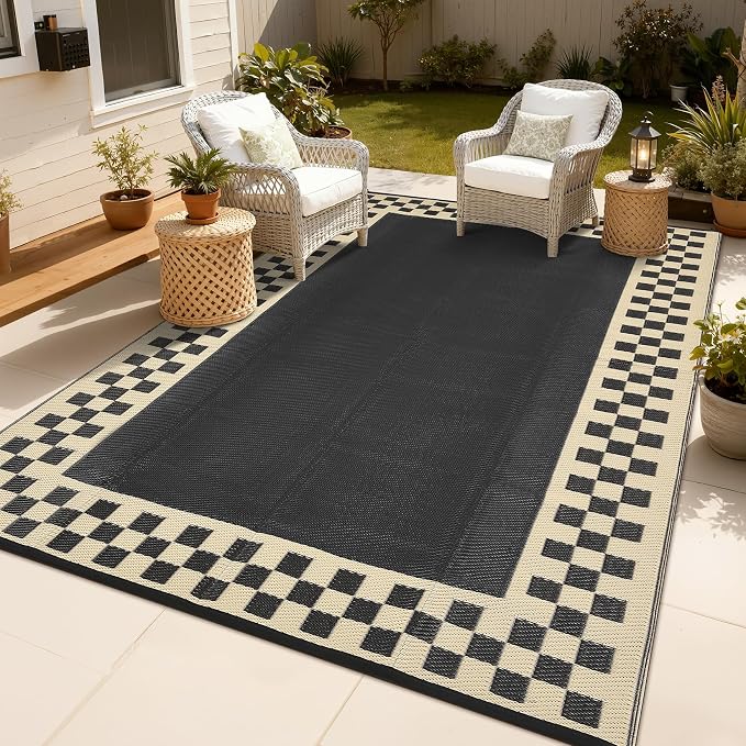 Outdoor Rug 8x10 Waterproof Patio Rugs Modern Geometric Border Reversible Mat for Front Door Rv Foldable Plastic Straw Carpet for Travel Trailers, Deck, Camper, Balcony, Beach，Black/Coffee