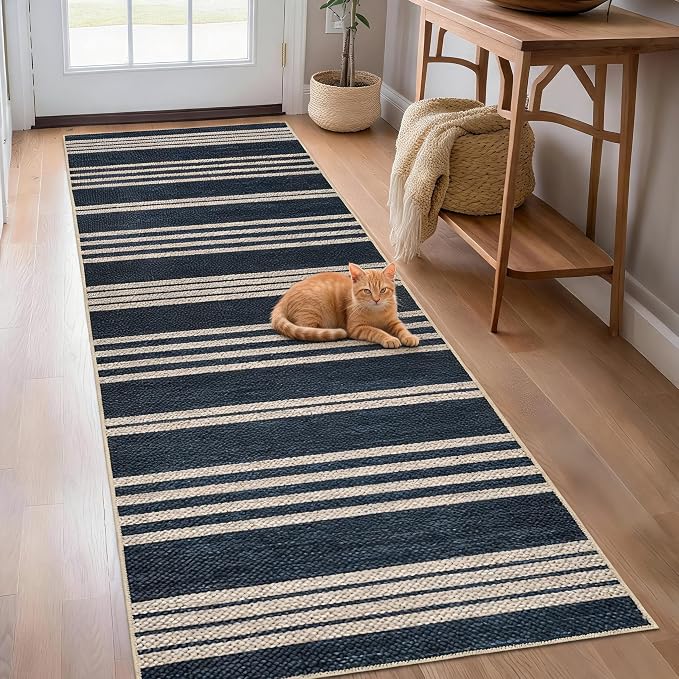 Garvee 2x6 Easy Jute Kitchen Rugs Washable Rugs for Hallway, Navy | Modern Line Print Area Rug Stain Resistant Easy Cleaning Throw Rugs Low Pile Floor Cover for Bedroom Laundry