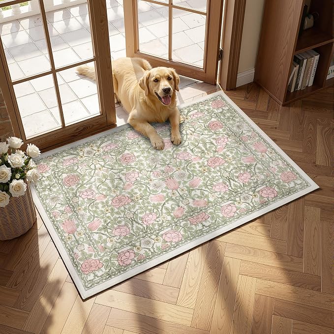 GarveeHome Pink Green Beige Floral Washable 2x3 Rug for Entryway Door Mat | Kitchen Bathroom Girls Bedroom Dorm Rug Vintage Boho Small Rugs Low-Pile Non-Slip Stain Resistant TPE Backing