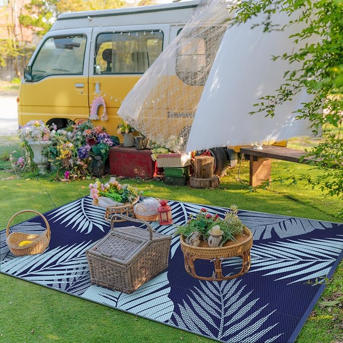 GENIMO Outdoor Rug 5' x 8' Waterproof for Patios Clearance, Reversible Outdoor Plastic Straw Camping Rug Carpet, Large Area Rugs Mats for RV, Camper, Deck, Balcony, Porch, Beach, Navy Blue&Light Blue