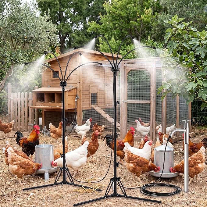 Pickmesh 2 Set Chicken Coop Mister Cooling System, 5.3ft Adjustable Standing Poultry Mister with 26ft Hose, 360° Outdoor Misting System for Chickens, Helps Keep Flocks Cooler During Hot Weather
