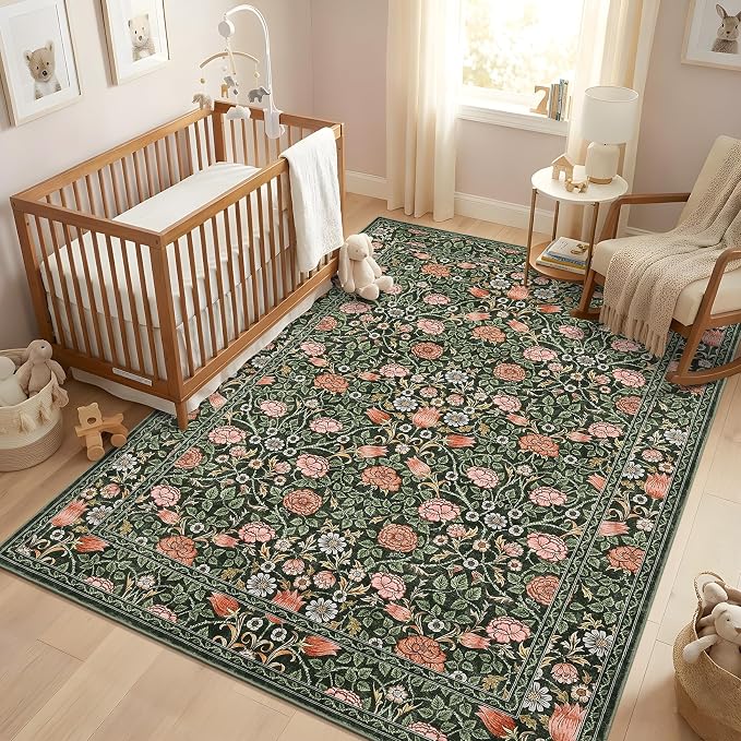 GarveeHome Dark Green Floral 3x5 Area Rug for Nursery Bedroom | Washable Dorm Rug Entryway Doormat Vintage Boho Rugs Low-Pile Non-Slip Stain Resistant TPE Backing